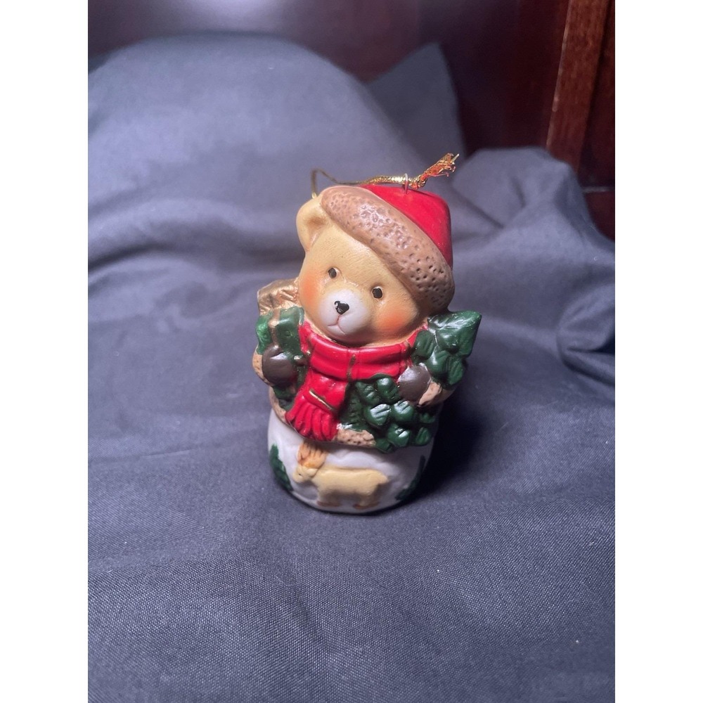 Vintage Porcelain Bisque Teddy Bear Wearing a Santa Hat Christmas Tree Ornament